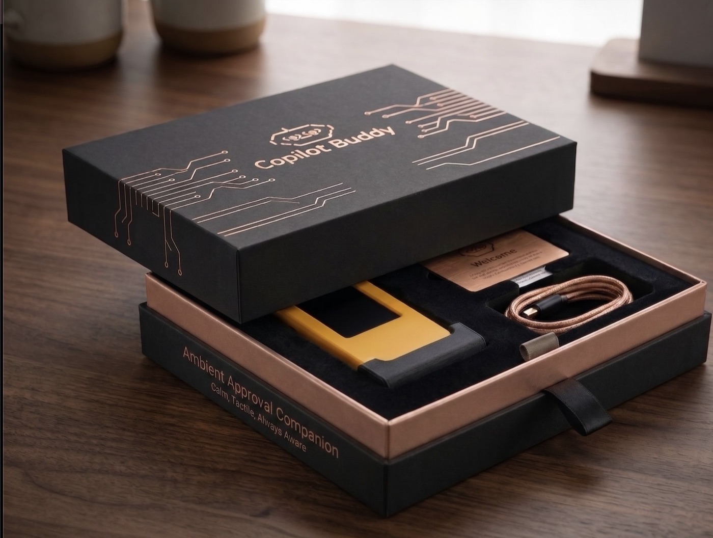 Copilot Buddy premium gift box, open, showing the device in foam, a braided USB-C cable, and a Welcome card